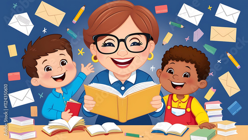 Illustration Happy Teacher Reading Books with Kids in a Fun Cartoon Style
