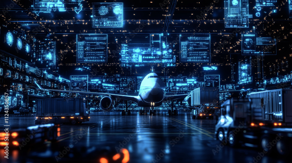Fototapeta premium Futuristic logistics hub showcasing advanced cargo transport systems at a digital airport illuminated by glowing technology