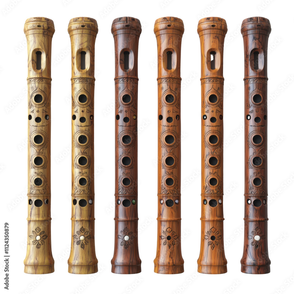 Naklejka premium Six Ornate Wooden Flutes Musical Instruments Folk Music Woodwind