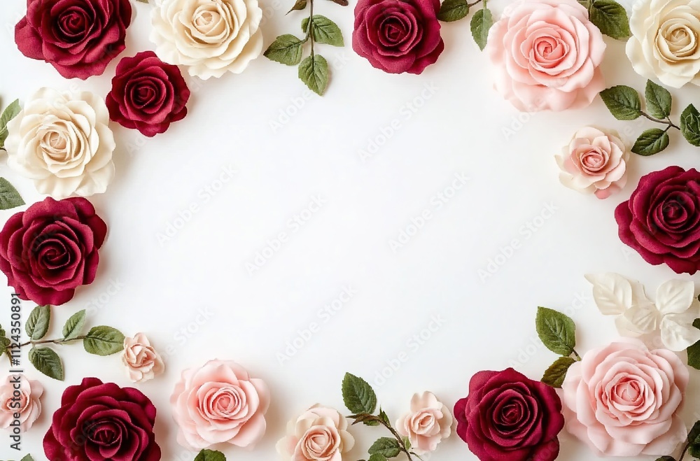 A white background with pink, red, and cream roses in the corners of an empty space for text. A white background with pink, red, and cream roses in the corners of an empty space for text.