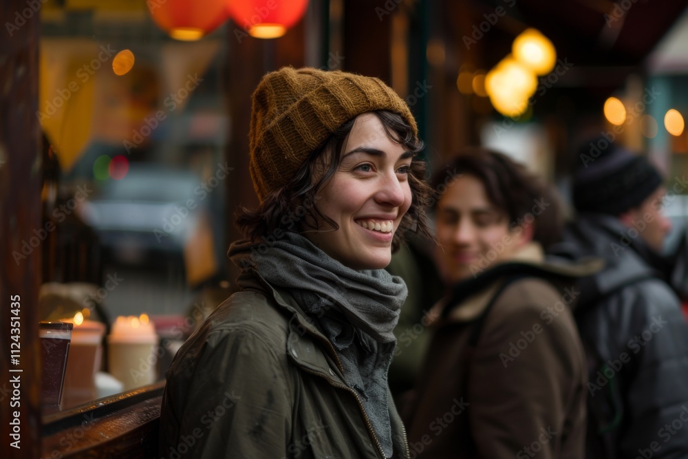 Portrait of a smiling young woman in a hat on the background of a cafe Portrait of a smiling young woman in a hat on the background of a cafe