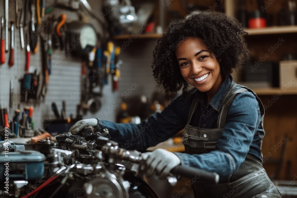 Empowered female mechanic smiling confidently while working on a motorcycle in a workshop environment celebrating mechanics and gender diversity in the trades Empowered female mechanic smiling confidently while working on a motorcycle in a workshop environment celebrating mechanics and gender diversity in the trades