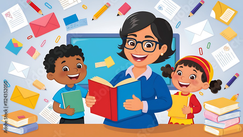 Illustration Happy Teacher Reading Books with Kids in a Fun Cartoon Style