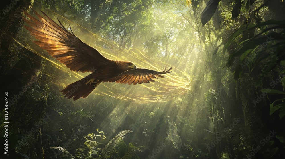 Fototapeta premium Majestic Eagle Soaring Through Lush Green Forest with Vibrant Light