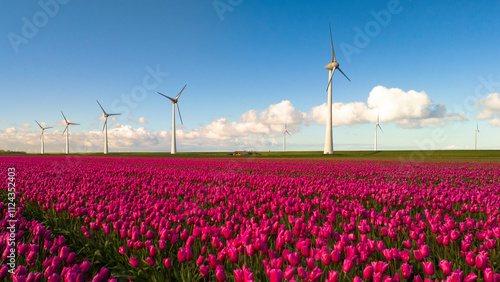 A field of vibrant purple tulips sways in the wind, with majestic windmill turbines standing in the background against a clear sky. green energy in the Noordoostpolder Netherlands, energy transition #1124352403