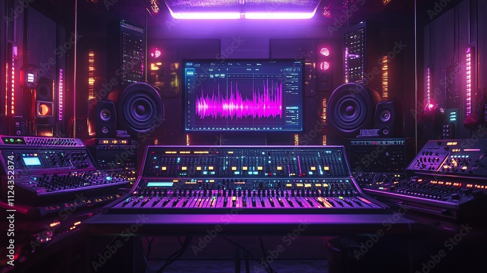 Professional music studio with mixing console, monitors, and computer displaying audio waveform. Professional music studio with mixing console, monitors, and computer displaying audio waveform.