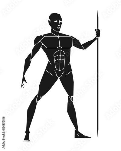 Man posing with javelin or spear. Male human body gesture drawing. Figure silhouette. Vector illustration image.