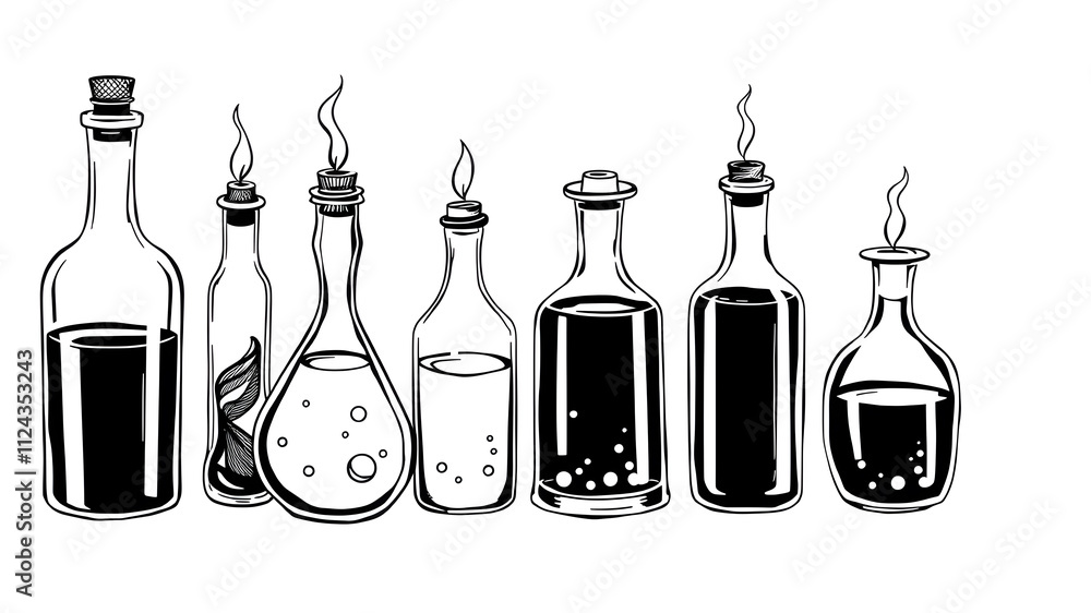 Vector illustration. Bottle with potion. Flask with magic liquid. Magic liquid. Graphic arts. On a white background. Black and white drawing. A set of magic bottles. Elixir of life. Generative AI Vector illustration. Bottle with potion. Flask with magic liquid. Magic liquid. Graphic arts. On a white background. Black and white drawing. A set of magic bottles. Elixir of life. Generative AI