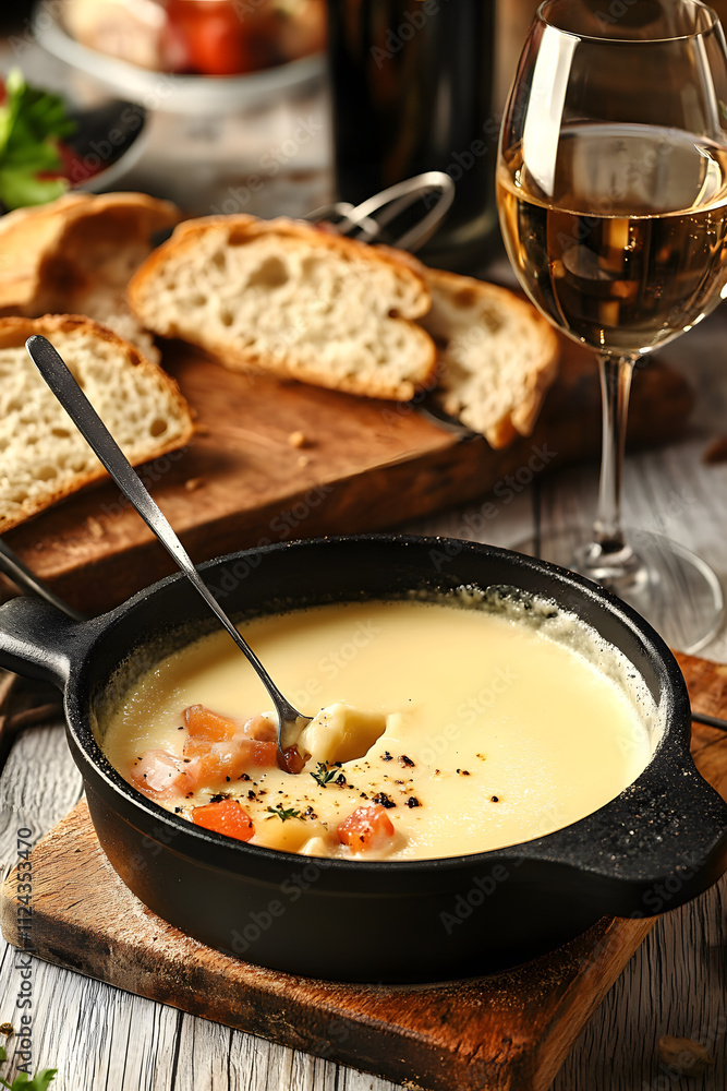 cheese fondue with bread and glass of wine. Traditional french dish cheese fondue with bread and glass of wine. Traditional french dish