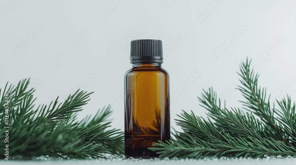 Amber Glass Bottle of Tea Tree Oil Nestled Among Dew-Kissed Pine Sprigs for Natural Wellness Amber Glass Bottle of Tea Tree Oil Nestled Among Dew-Kissed Pine Sprigs for Natural Wellness