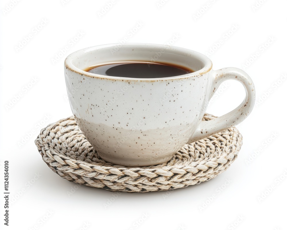 Elegant ceramic cup filled with dark coffee, resting on a textured woven coaster, perfect for showcasing artisanal beverage moments and relaxing settings. Elegant ceramic cup filled with dark coffee, resting on a textured woven coaster, perfect for showcasing artisanal beverage moments and relaxing settings.