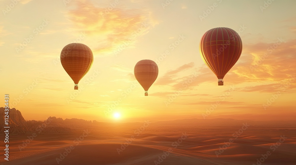 Hot Air Balloons Floating Above Desert Dunes During Breathtaking Sunset with Vibrant Sky and Serene Landscape in Warm Tones and Soft Light Hot Air Balloons Floating Above Desert Dunes During Breathtaking Sunset with Vibrant Sky and Serene Landscape in Warm Tones and Soft Light