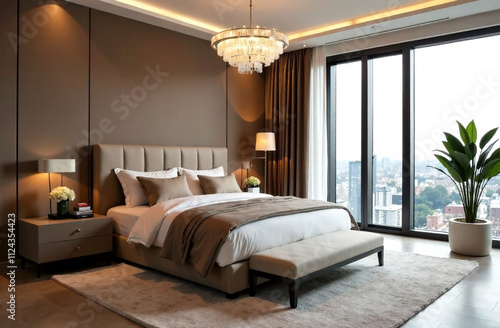 Luxury bedroom interior design with big bed and lamp, nobody inside