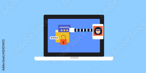Digital hacking, stealing data from unprotected folder, hacker attack, web security conceptual vector illustration.