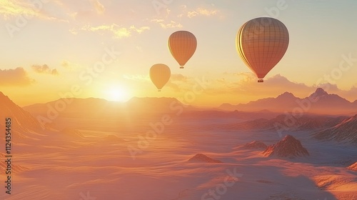 Hot Air Balloons Soaring at Dusk Over a Stunning Desert Landscape with Golden Sunlight and Majestic Mountains in the Background, Beautiful Adventure Scene