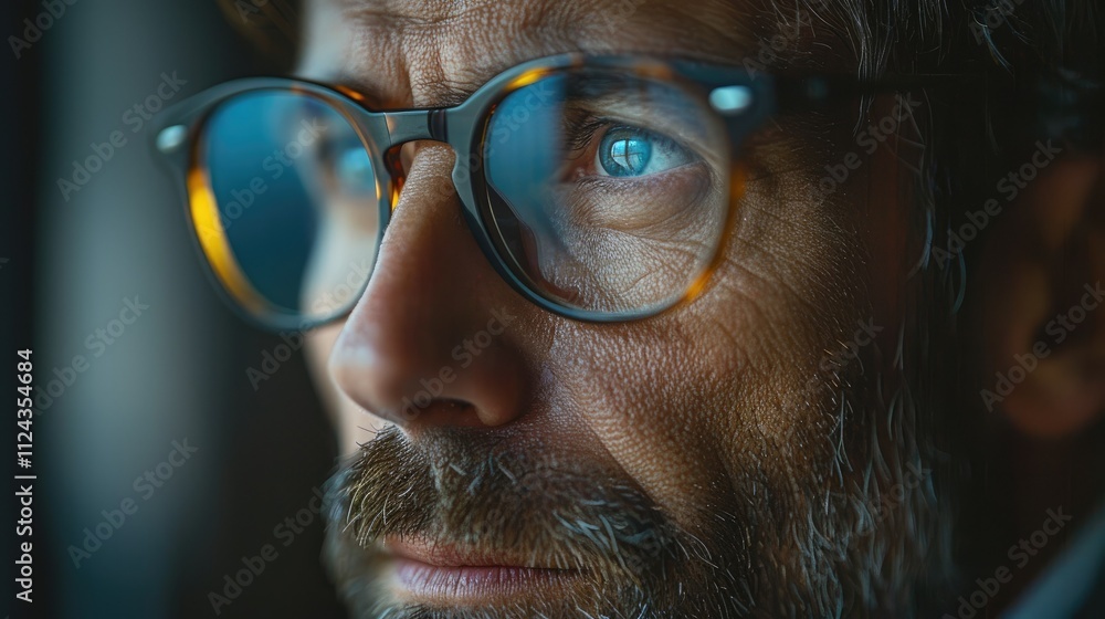 Close-up portrait of a thoughtful man wearing glasses, gazing pensively out a window. Close-up portrait of a thoughtful man wearing glasses, gazing pensively out a window.