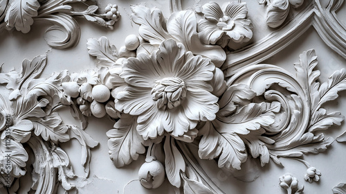 Plaster relief sculpture, floral patterns and ornamental motifs, high contrast with fine detailing, photo