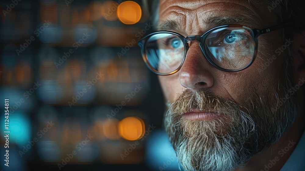 Close-up portrait of a thoughtful mature man with glasses, looking intently. Close-up portrait of a thoughtful mature man with glasses, looking intently.