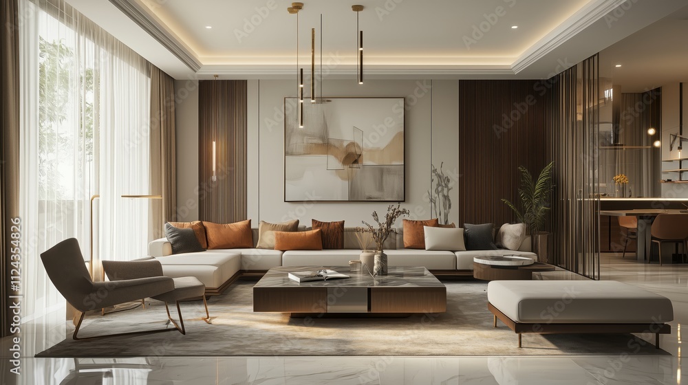 Fototapeta premium Modern Minimalist Living Room with Neutral Tones and Warm Accents - made with Generative AI