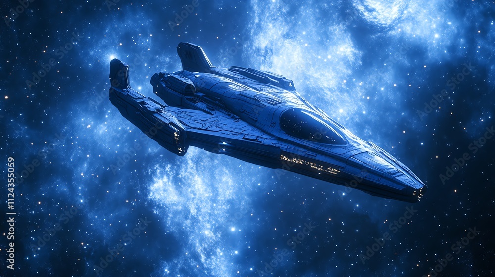 A spaceship flies through a vast field of stars. A spaceship flies through a vast field of stars.