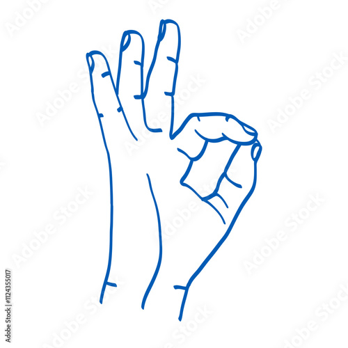 Ok sign. Hand gesture vector sketch illustration. Index, middle, ring, little fingers and thumb