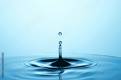 Water Drop Symphony: A single drop of water creates mesmerizing ripples and a captivating splash, captured in a serene blue-toned image. The moment is frozen.