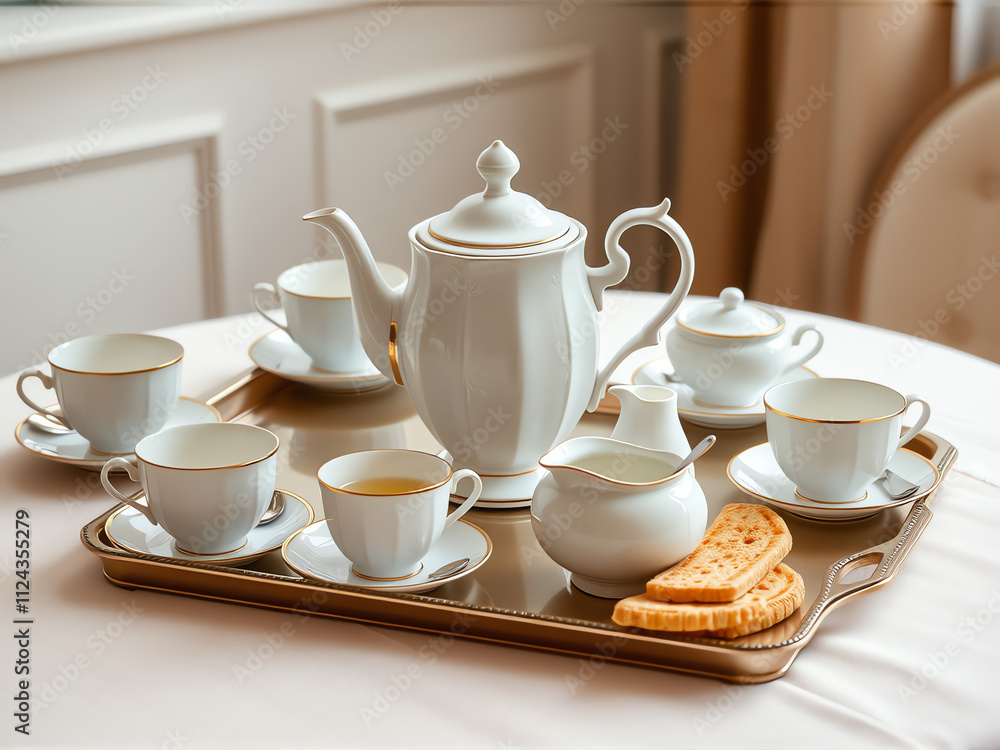 A tray displaying an elegant white tea set, featuring a teapot, cups, and saucers, arranged neatly for serving.
