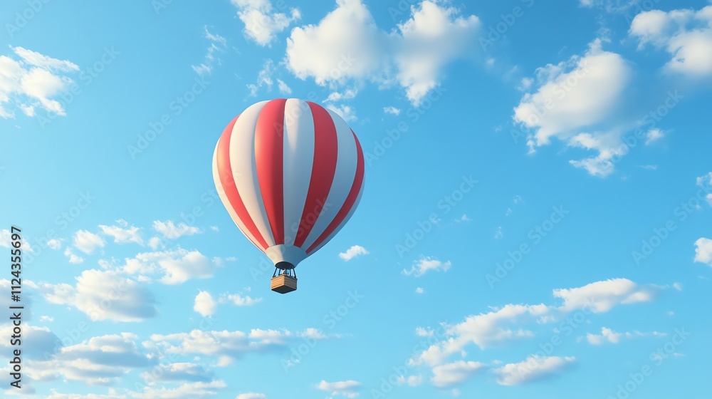 Fototapeta premium A red and white striped hot air balloon floats in a blue sky.