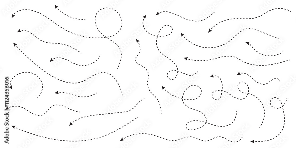 Hand drawn dot arrow vector set. Hand drawn line doodle arrow, curve arrow icon vector set. Vector illustration. Hand drawn dot arrow vector set. Hand drawn line doodle arrow, curve arrow icon vector set. Vector illustration.