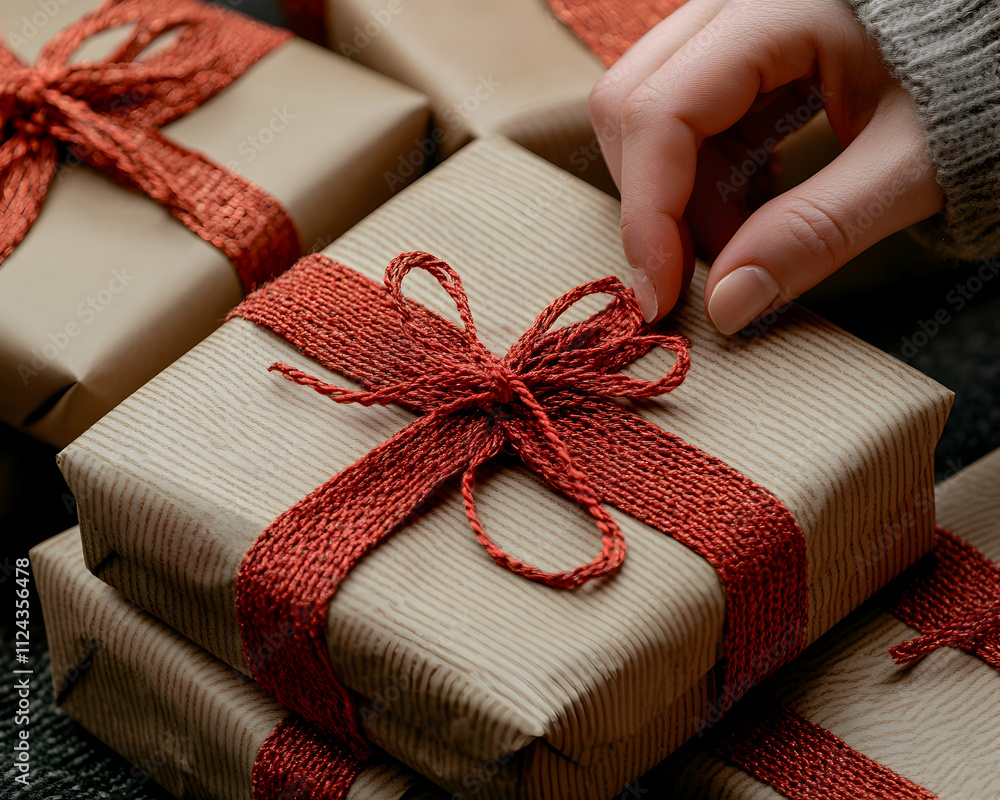 Close-up of hand arranging gifts wrapped in brown paper with red ribbon. Close-up of hand arranging gifts wrapped in brown paper with red ribbon.