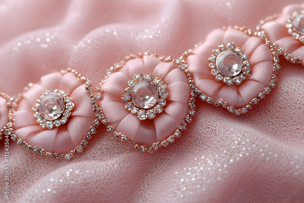 Obraz premium Close-up of delicate pink fabric flowers adorned with sparkling crystals.