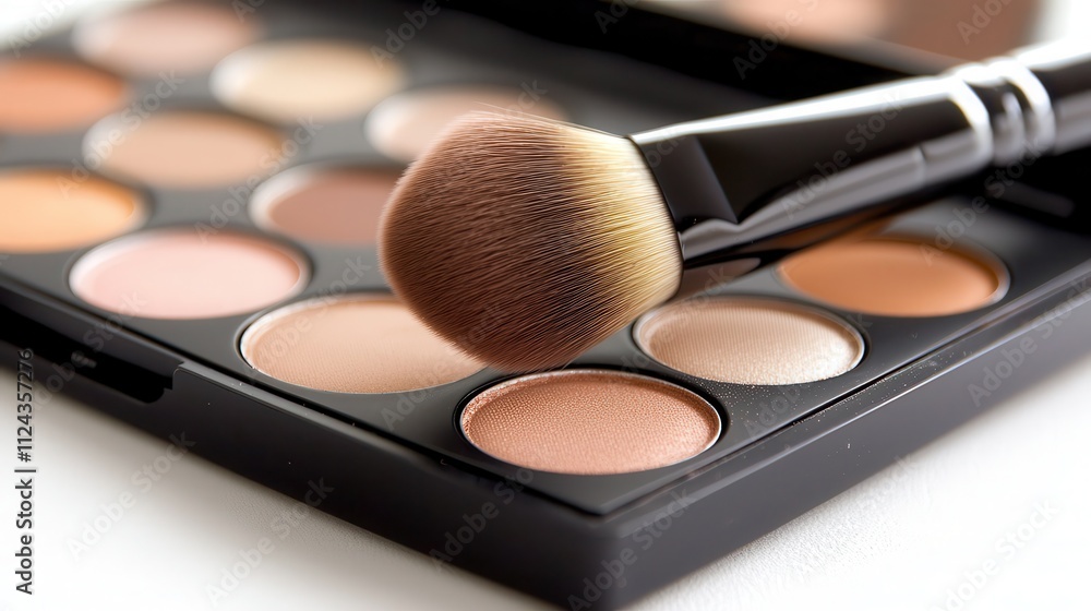 Vibrant eyeshadow palette and minimalist tools on a clean white surface, perfect for creative makeup looks Vibrant eyeshadow palette and minimalist tools on a clean white surface, perfect for creative makeup looks