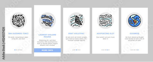 hurricane cyclone storm wind onboarding mobile vector typhoon rain, surge flood, eyewall vortex, pressure tropical, gust, landfall warning hurricane cyclone storm wind illustrations