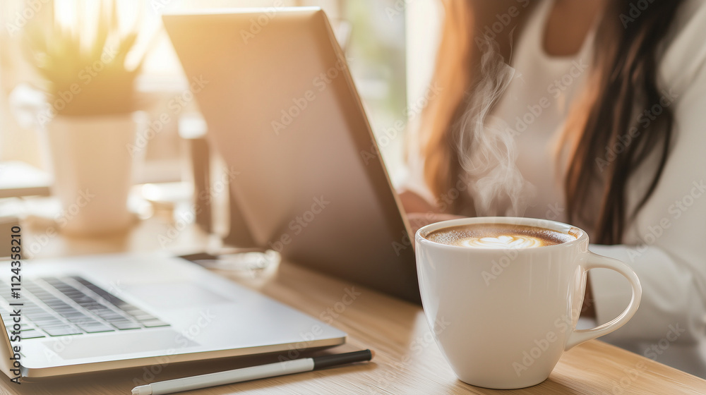 A soft-focus shoulder view of a woman at her computer, with a steaming cup of coffee beside her. The gentle lighting highlights the simplicity of her workspace, creating a peaceful A soft-focus shoulder view of a woman at her computer, with a steaming cup of coffee beside her. The gentle lighting highlights the simplicity of her workspace, creating a peaceful