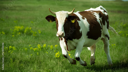 Australian cow running on the field of  grass 