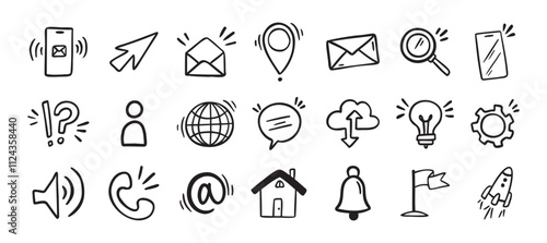 Contact doodle hand drawn icon. Isolated communication signs for business