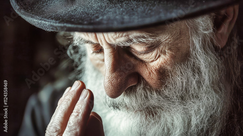 Elderly Jewish man prays at the Western Wall, embodying solemnity and tradition in the heart of Jerusalem photo