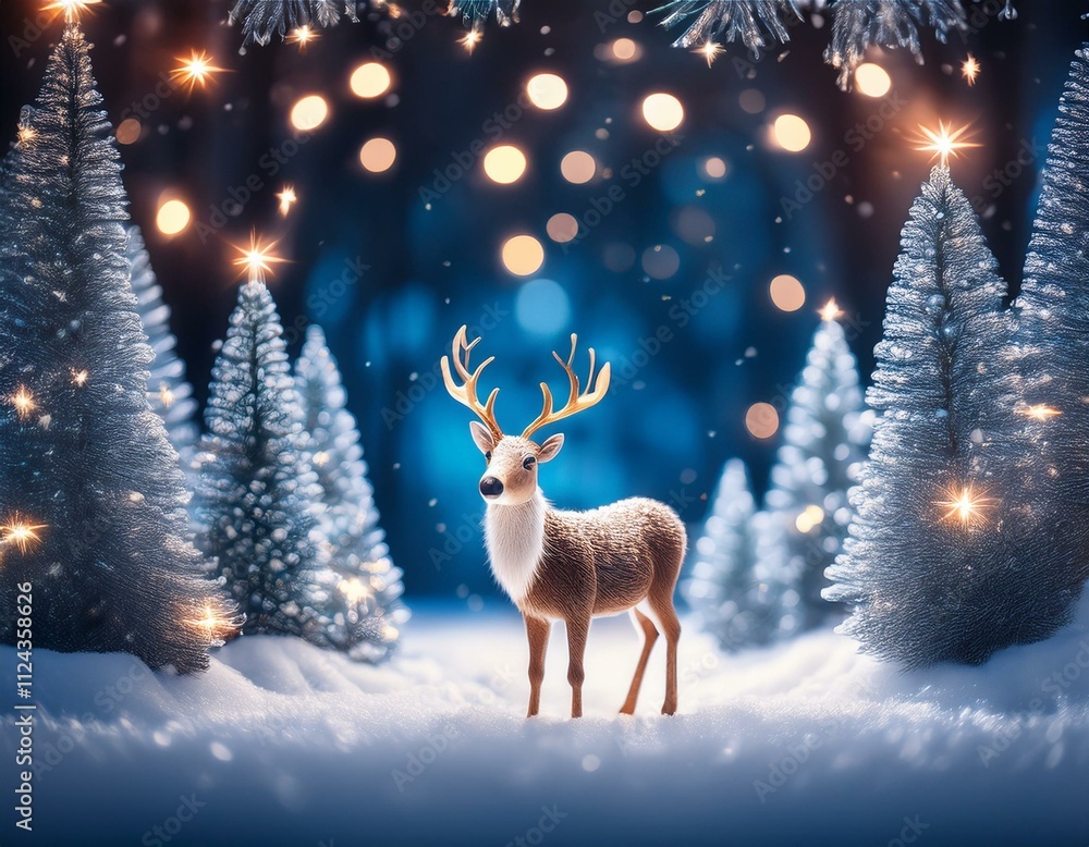 Magical Reindeer in a Snowy Christmas Forest with Lights and Stars