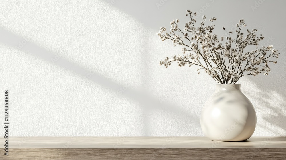 Serene Floral Arrangement on Wooden Table in Minimalist Interior Serene Floral Arrangement on Wooden Table in Minimalist Interior