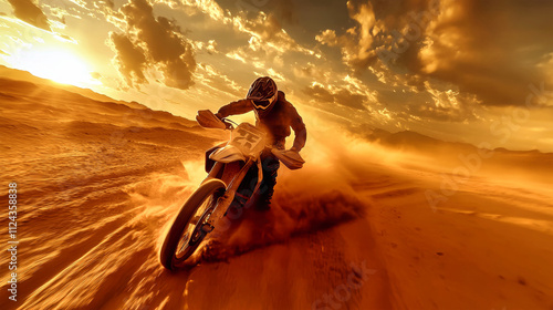 Dynamic dirt bike racing at sunset in the desert showcases thrilling speed against a dramatic golden sky photo