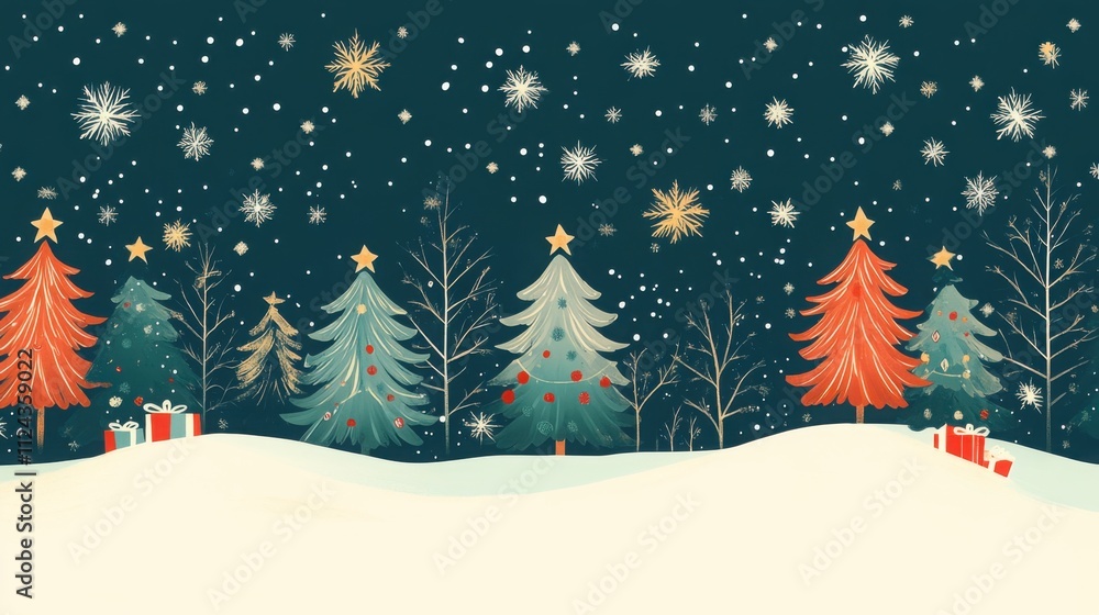 Obraz premium A cozy winter cabin glows warmly amid a snowy landscape with falling snowflakes, perfect for holiday greetings and festive cheer