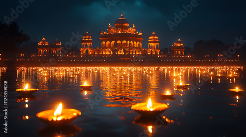  beautifully lit temple at night, reflected in serene waters adorned with glowing diyas, creating a mesmerizing and peaceful scene of tradition and devotion. photo