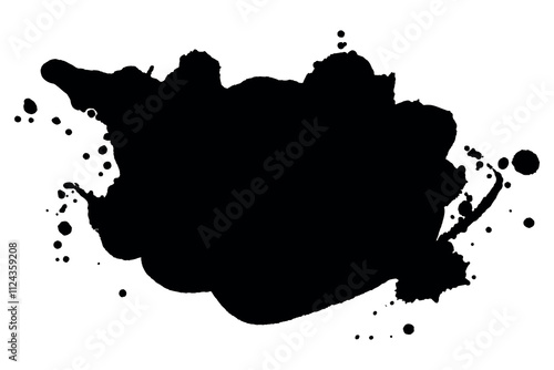 Black grunge ink splatter silhouette with paint drops. Banner design with ink splash, drops and spray stains. 