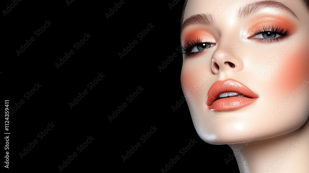 A beautifully composed image featuring a close-up of a model showcasing bold makeup against a classic black textured background, highlighting the details of the cosmetic application and skin texture. A beautifully composed image featuring a close-up of a model showcasing bold makeup against a classic black textured background, highlighting the details of the cosmetic application and skin texture.