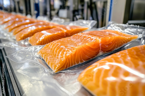 Salmon fillets arranged for packing in a food factory, showcasing fresh produce in a professional setting photo