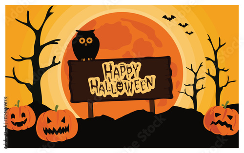 Spooky tree and owl Halloween Scene with Pumpkins and Full Moon Graphic.