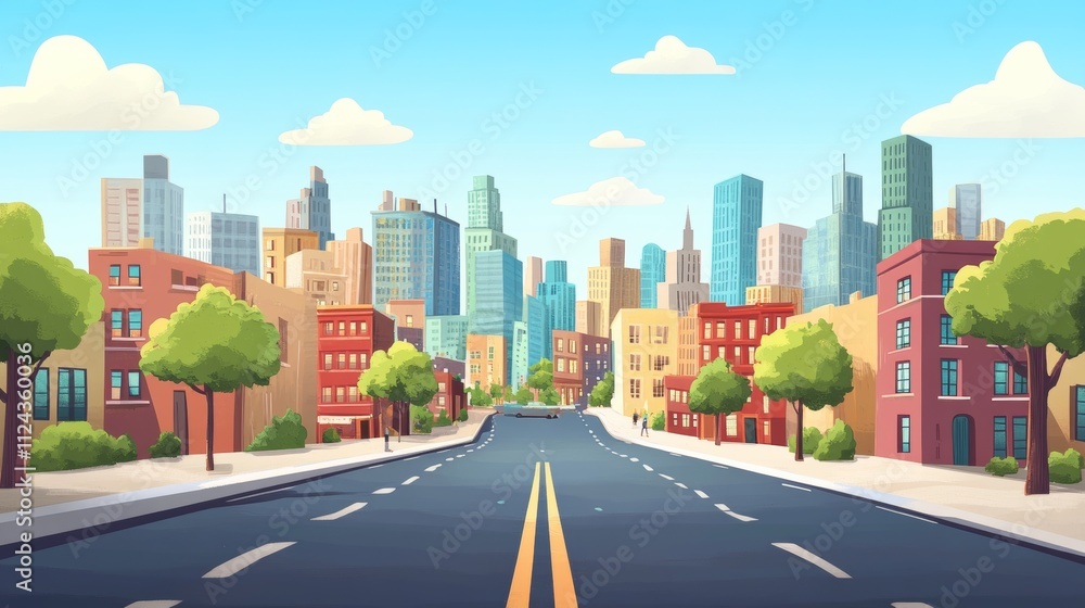 Naklejka premium City and roads background illustration concept. Public park and town with sky background.Beautiful nature scene with road to city.