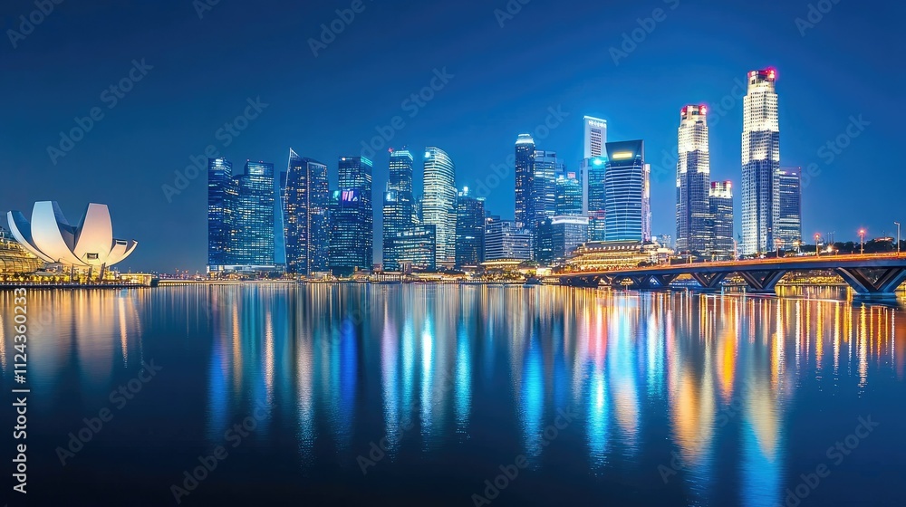 Fototapeta premium Stunning Night View of a Modern City Skyline Reflecting in Water with Colorful Lights and Iconic Architecture, Perfect for Urban and Travel Themes