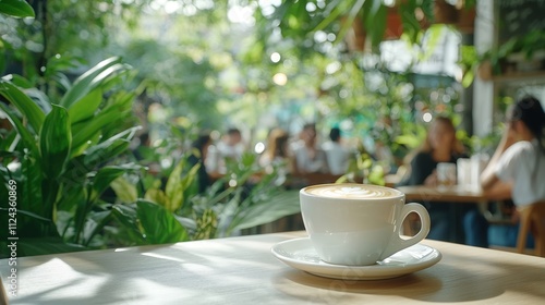 A stylish woman enjoying a cup of coffee at a sun-drenched cafe table, with a blurred background of lively patrons and lush plants, capturing the essence of relaxation and casual elegance in a