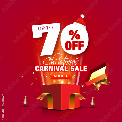 Christmas offers- 70% off, Christmas carnival sale, deal discount logo unit pop up from red gift box on red background. Sales promotion Ecommerce, Advertising Design.